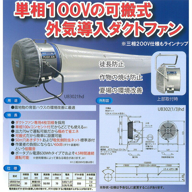 プッシュエア UB3021hd 単相100V 穴あきダクト50m フルタ電機 ハウス設備 循環扇 換気ファン ビニールハウス 外気導入 サT DZ 2