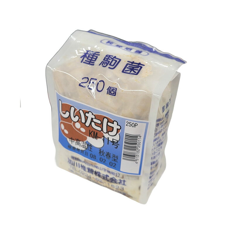 しいたけ KM-10号 種駒 250個入 袋 品種：しいたけ KM-10号 特性：〈中低温性〉大葉・厚肉 特徴：原木栽培用 発生時期：春・秋 10月〜4月 発生温度：8〜18℃ 適合ドリル径：8.5mm きのこは菌を植えて標準で2年目の夏を...