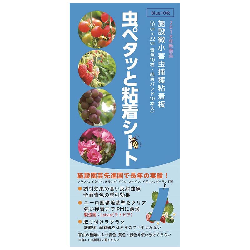 農業・園芸でお使いいただける捕虫用・モニタリング用粘着シートです。 強い粘着力があるため、化学農薬の使用を減らしながら害虫を捕獲することができます。 捕獲したい害虫の種類によって3色（黄・青・緑）を使い分けます。 緑色はガーデニングに最適です。 ・黄色：ハモグリバエ類、ミカンキイロアザミウマ、チャノキイロアザミウマ、コナジラミ類等 ・青色：ミナミキイロアザミウマ、ヒラズハナアザミウマ、ミカンキイロアザミウマ、アザミウマ類等 ・緑色：アブラムシ類 設置方法 　2m間隔が目安です。(10a当たり300〜400枚) 設置場所 　・ハウスの出入り口 　・防虫ネットの内、外 　・作物の20cm程度上 ※ミツバチ・天敵が捕獲される場合があります。 類似商品はこちら虫ペタッと粘着シート 青色 10枚入 10cm1,216円12袋 虫ペタッと粘着シート 黄色 10枚入 10,640円虫ペタッと粘着シート 黄色 10枚入 10cm1,216円虫ペタッと粘着シート 緑色 10枚入 10cm1,216円12袋 虫ペタッと粘着シート 緑色 10枚入 10,640円虫ペタッと大判粘着シート 5枚入 45cm×223,381円粘着捕虫シート エコペタ 100×250mm 35,035円虫バンバン 粘着式 捕虫シート 20枚入 きの2,431円捕虫シート トラップシートロール 10cm×110,868円新着商品はこちら2024/5/16100枚 果実袋 20号 段有 Hグレープ 2911円2024/5/16灌水チューブ つかないさん 黒 両面 0.1312,870円2024/5/16灌水チューブ つかないさん 青 両面 0.1312,870円再販商品はこちら2024/5/16バケツ 5L 黒 40個 プラスチック製 安全11,726円2024/5/16バケツ 5L 青 40個 プラスチック製 安全15,158円2024/5/16マイコジェル 125ml 高濃度菌根菌 MYC9,038円2024/05/16 更新施設微小害虫捕獲粘着版