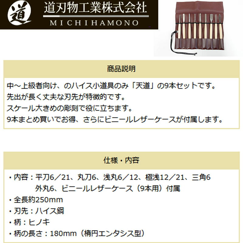 プラスワイズ業者用専門店の彫刻刀 ハイス小道具のみ 9本セット 天道 道刃物工業 ハイス鋼 ビニールレザーケース付 職人 三冨 D｜アングル3