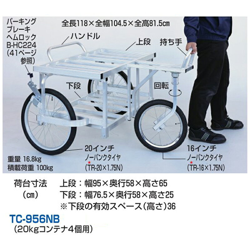 プラスワイズ業者用専門店の果樹収穫台車 タナッコ TC-956NB ハラックス 20kgコンテナ 4個用 農業用 果樹園 運搬車 台車 収穫カート 防J 個人宅配送不可 代引不可｜アングル3