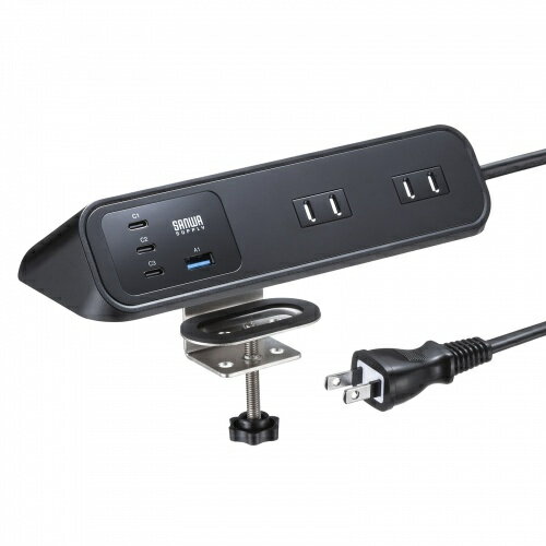 樂天商城 - サンワサプライ TAP-B114UC-2BK クランプ固定式タップ（AC4個口＋USB-C×3＋USB-A×1・PD65W・ブラック）