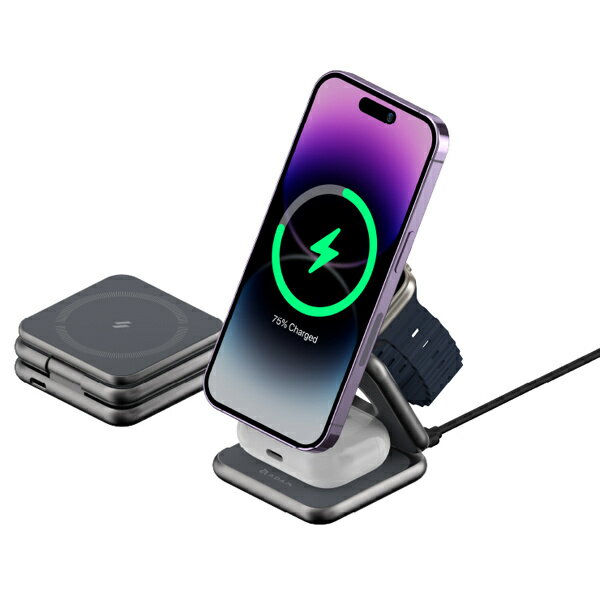 ADAM Elements AACADMAG3OGGY Mag 3 MagSafe対応 3in1 折りたたみトラベルチャージングステーション iPhone 12/ 13/ 14/ 15シリーズ、Apple Watch ＆ AirPodsシリーズ用