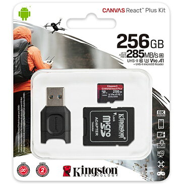 【送料無料】キングストン MLPMR2/256GB Canvas React Plus microSD Kit 256GB Class 10 UHS-II U3 V90 A1 microSDXCカード + SD adapter + MobileLite Plus USB reader Kit【在庫目安:お取り寄せ】