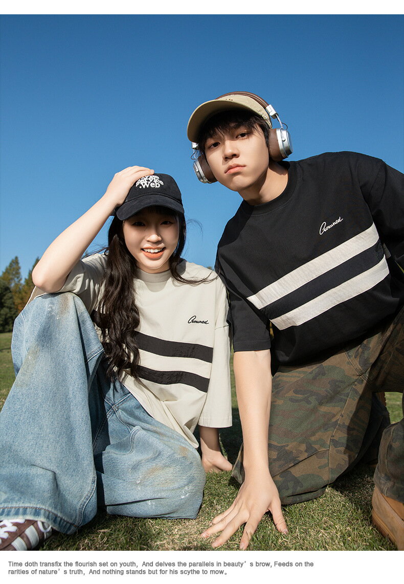 Rakuten - ★2025新作★ メンズ レディース ユニセックス 胸元2本ラインビッグTシャツ 胸元ロゴリンクコーデ ペアルック カジュアル ストリート トップス インナー オーバーサイズ ビッグシルエット スポーティー ルームウェア 部屋着 韓国ファッション 半袖 Tシャツ
