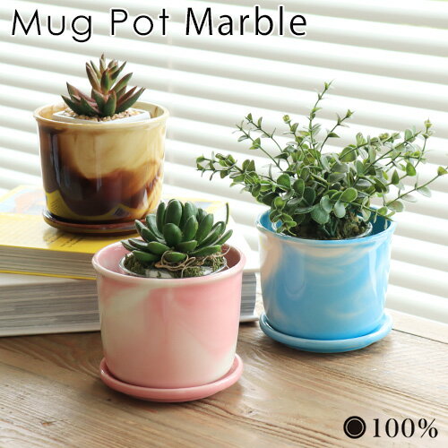 植木鉢 おしゃれ 室内 観葉植物 植物 鉢植え 鉢マグ ポット MUG POT 100percent 3号 受け皿付き 花 美濃焼 磁器 焼き物 かわいい シンプル 園芸用品 インテリア 小物 雑貨 マーブル◇ピンク ブルー ブラウン 茶 水色