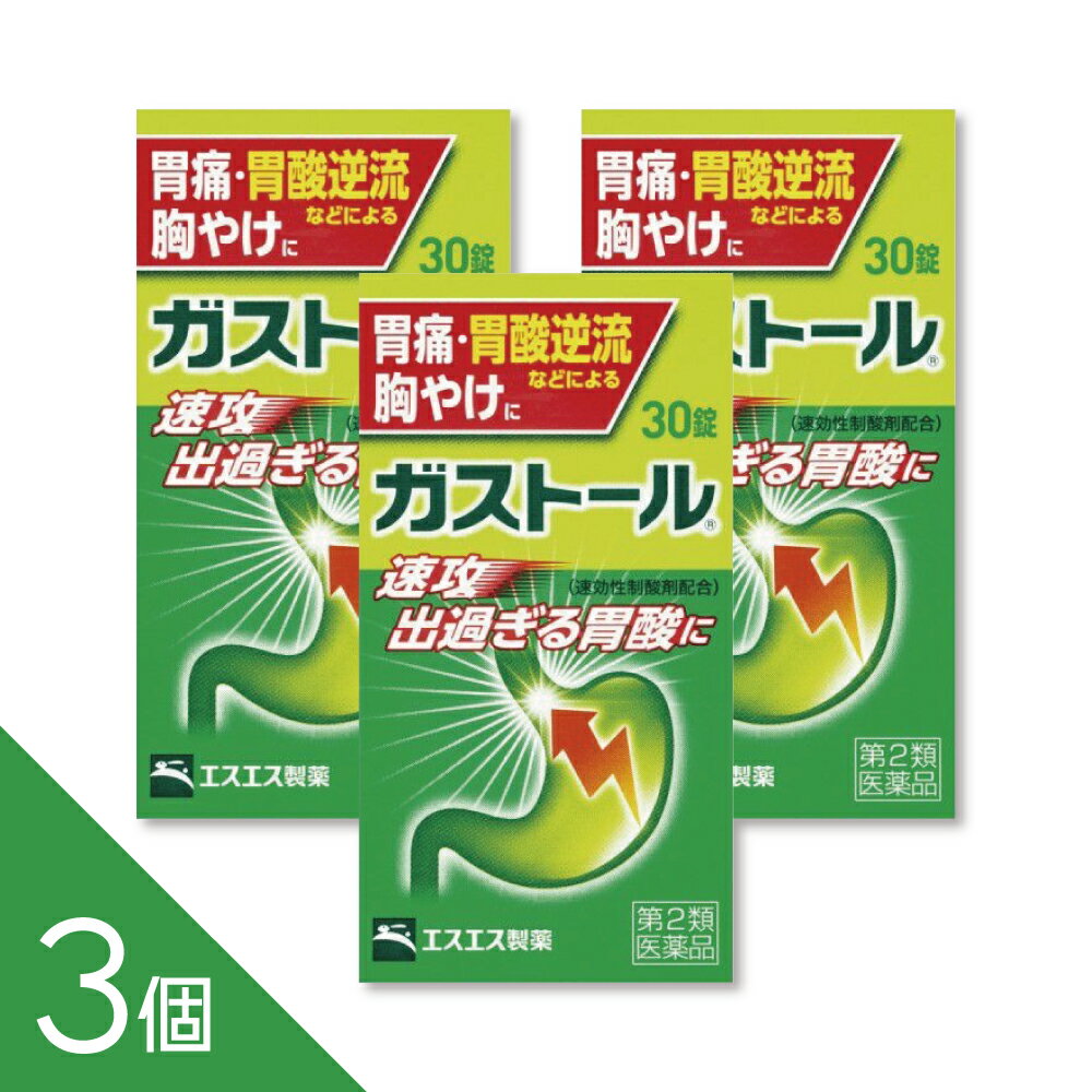 商品紹介 胃腸薬 M1ブロッカー配合 ●胸やけは食べ過ぎなどにより胃酸が逆流することで引き起こされます。 また、ストレス等により出過ぎた胃酸が胃を刺激すると胃痛が引き起こされます。 ●ガストール錠は速効性制酸剤(炭酸水素ナトリウム)と持続性制酸剤(メタケイ酸 アルミン酸マグネシウム)が出過ぎる胃酸を効果的に中和し、M1ブロッカー(ピレン ゼピン塩酸塩水和物)が出過ぎる胃酸分泌を元からおさえることで、胸やけや胃痛を おさえるとともに、荒れた胃粘膜を保護します。さらに消化酵素が働き食後の胃の負担 を軽くしてくれます。医薬品は、用法用量を逸脱すると重大な健康被害につながります。必ず使用する際に商品の説明書をよく読み、用法用量を守ってご使用ください。用法用量を守って正しく使用しても、副作用が出ることがあります。異常を感じたら直ちに使用を中止し、医師又は薬剤師に相談してください。 医薬品の販売について ●使用上の注意 ■■してはいけないこと■■ (守らないと現在の症状が悪化したり、副作用・事故が起こりやすくなります。) 1.次の人は服用しないでください (1)本剤又は本剤の成分によりアレルギー症状を起こしたことがある人。 (2)妊婦又は妊娠していると思われる人。 (3)透析療法を受けている人。 2.本剤を服用している間は、次のいずれの医薬品も服用しないでください 胃腸鎮痛鎮痙薬、乗物酔い薬 3.服用後、乗物又は機械類の運転操作をしないでください (目のかすみ、異常なまぶしさ等の症状があらわれることがあります。) 4.長期連用しないでください ■■相談すること■■ 1.次の人は服用前に医師、薬剤師又は登録販売者に相談してください (1)医師の治療を受けている人。 (2)授乳中の人。 (3)高齢者。 (4)薬などによりアレルギー症状を起こしたことがある人。 (5)次の症状のある人。 排尿困難 (6)次の診断を受けた人。 緑内障、腎臓病 2.服用後、次の症状があらわれた場合は副作用の可能性があるので、直ちに服用を 中止し、この説明書を持って医師、薬剤師又は登録販売者に相談してください 関係部位・・・症状 皮膚・・・発疹・発赤、かゆみ 消化器・・・吐き気、胃部膨満感 循環器・・・動悸 泌尿器・・・排尿困難 その他・・・目のかすみ まれに下記の重篤な症状が起こることがあります。 その場合は直ちに医師の診療を受けてください。 症状の名称・・・症状 アナフィラキシー様症状・・・服用後すぐに、皮膚のかゆみ、じんましん、 声のかすれ、くしゃみ、のどのかゆみ、息苦しさ等があらわれる。 無顆粒球症・・・突然の高熱、さむけ、のどの痛み等があらわれる。 3.服用後、次の症状があらわれることがあるので、このような症状の持続又は増強 が見られた場合には、服用を中止し、この説明書を持って医師、薬剤師又は登録 販売者に相談してください 口のかわき、便秘、下痢 4.2週間位服用しても症状がよくならない場合は服用を中止し、この説明書を持っ て医師、薬剤師又は登録販売者に相談してください ●効能・効果 ●胃痛、胸やけ、胃酸過多、胸つかえ、げっぷ ●胃もたれ、胃重、胃部不快感、胃部膨満感 ●はきけ(むかつき、胃のむかつき、二日酔・悪酔のむかつき、嘔気、悪心)、嘔吐、 飲み過ぎ ●食べ過ぎ、消化不良、消化不良による胃部・腹部膨満感、消化促進、食欲不振 ●用法・用量 次の1回量を1日3回、毎食後に水又はぬるま湯で服用してください。 年齢・・・1回量 成人(15才以上)・・・3錠 15才未満・・・服用しないこと <用法・用量に関連する注意> ●用法・用量を厳守してください。 ●成分・分量 9錠(1日量)中 成分・・・9錠中・・・作用 ピレンゼピン塩酸塩水和物(M1ブロッカー/ピレンゼピン塩酸塩無水物として45mg) ・・・47.1mg・・・出過ぎる胃酸の分泌を抑えます。 メタケイ酸アルミン酸マグネシウム・・・900mg ・・・胃酸を中和するとともに胃粘膜を保護します。 炭酸水素ナトリウム・・・1200mg ・・・胃酸をすみやかに中和します。 ビオヂアスターゼ2000・・・30mg ・・・食物の消化を促します。 添加物:カルメロースCa、無水ケイ酸、セルロース、乳糖、ステアリン酸Mg ●保管及び取扱いの注意 (1)直射日光の当たらない湿気の少ない涼しい所にビンのフタをよくしめて保管して ください。 (2)小児の手の届かない所に保管してください。 (3)他の容器に入れ替えないでください。 (誤用の原因になったり品質が変わることがあります。) (4)ビンの中のつめ物は、輸送中に錠剤が破損するのを防ぐためのものです。 開封後は不要となりますので取り除いてください。 (5)使用期限をすぎたものは服用しないでください。 ●お問い合わせ先 お買い求めのお店、又はお客様相談室にお問い合わせください。 エスエス製薬株式会社 お客様相談室 〒163-1488 東京都新宿区西新宿3-20-2 0120-028-193 9時から17時30分まで(土、日、祝日を除く) ―――――――――――――――――――――――― 広告文責 株式会社シーディ 電話：0120-19-9989 受付時間：10：00〜17：00(土・日・祝日を除く) ※パッケージデザイン等、予告なく変更されることがあります。 ご了承ください。 ------------------------------------------------------------------------------------- 「置き配指定便（ゆうパケット）」にてお届けいたします。 送料は商品代金に含まれております（全国一律）。 ※ご指定の置き配場所へお届けいたしますので、不在時でもお受け取りがスムーズです。 ※ポスト投函または玄関前などの指定場所への配達となります。 サイズ：ゆうパケット（厚さ5cm以内） 配送方法：置き配指定便（ゆうパケット5cm） ----------------- 医薬品の使用期限 1年以上の使用期限のものを販売しております。 ------------------
