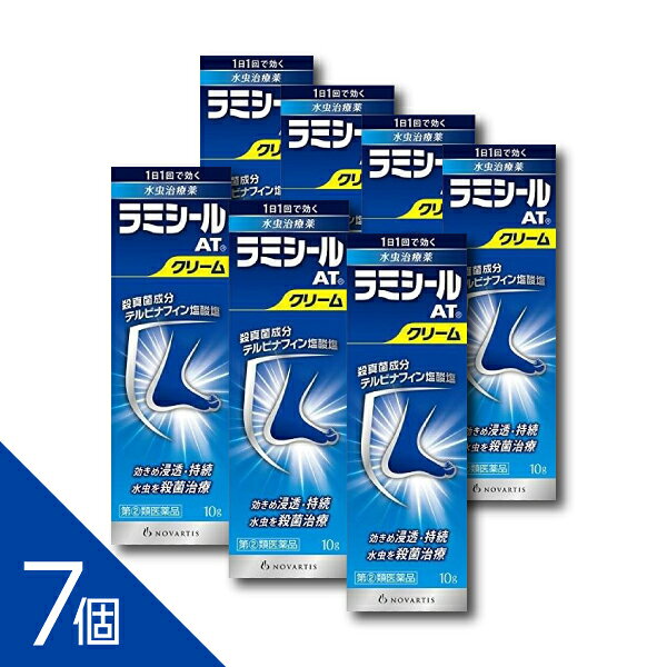商品紹介 水虫・たむし用薬 1日1回で効く 水虫・たむしは白癬菌というカビ(真菌)が皮ふ表面にある角質層に感染・寄生しておきる皮ふ病です。 ラミシールATクリームは、殺真菌成分テルビナフィン塩酸塩を配合する水虫・たむし治療薬です。 ●有効成分である「テルビナフィン塩酸塩」の優れた殺真菌作用と角質層への浸透力は、1日1回の塗布で薬剤が患部に留まり、 かゆみや痛みなどを引き起こす水虫・たむしに持続的に効果を発揮し、症状を治していきます。 ------------------ 医薬品の使用期限 1年以上の使用期限のものを販売しております。 ------------------ 配送方法：置き配指定便（ゆうパケット5cm） 医薬品の販売について ●使用上の注意 ■■してはいけないこと■■ (守らないと現在の症状が悪化したり、副作用が起こりやすくなります) 1.次の人は使用しないでください 本剤又は本剤の成分によりアレルギー症状(例えば、発疹・発赤、かゆみ、はれ等)を起こしたことがある人 2.次の部位には使用しないでください (1)目や目の周囲、粘膜(例えば、口腔、鼻腔、膣等)、陰のう、外陰部等 (2)湿疹 (3)湿潤、ただれ、亀裂や外傷のひどい患部 ■■相談すること■■ 1.次の人は使用前に医師、薬剤師又は登録販売者に相談してください (1)医師の治療を受けている人 (2)妊婦又は妊娠している可能性のある人 (3)乳幼児 (4)薬などによりアレルギー症状を起こしたことがある人 (5)患部が顔面又は広範囲の人 (6)患部が化膿している人 (7)「湿疹」か「みずむし、いんきんたむし、ぜにたむし」かがはっきりしない人(陰のうにかゆみ・ただれ等の症状がある場合は、 湿疹等他の原因による場合が多い。) 2.使用後、次の症状があらわれた場合は副作用の可能性があるので、直ちに使用を中止し、 この説明文書を持って医師、薬剤師又は登録販売者に相談してください [関係部位:症状] 皮ふ:かぶれ、刺激感、熱感、鱗屑(りんせつ)・落屑(らくせつ)(フケ、アカのような皮ふのはがれ)、 ただれ、乾燥・つっぱり感、皮ふの亀裂、いたみ、色素沈着、発疹・発赤*、かゆみ*、はれ*、じんましん* *:全身に発現することがあります。 3.2週間位使用しても症状が良くならない場合や、本剤の使用により症状が悪化した場合は使用を中止し この説明文書を持って医師、薬剤師又は登録販売者に相談してください ●効能・効果 みずむし、いんきんたむし、ぜにたむし ●用法・用量 1日1回、適量を患部に塗布してください。 <用法・用量に関する注意> 1.定められた用法を厳守してください。 2.患部やその周囲が汚れたまま使用しないでください。 3.本剤のついた手で、目や粘膜にふれないでください。 4.目に入らないように注意してください。 万一、目に入った場合には、すぐに水又はぬるま湯で洗い、直ちに眼科医の診療を受けてください。 5.小児に使用させる場合には、保護者の指導監督のもとに使用させてください。 6.外用にのみ使用してください。 ●成分・分量 1g中 テルビナフィン塩酸塩10mg 添加物:セタノール、ステアリルアルコール、パルミチン酸セチル、ミリスチン酸イソプロピル、モノステアリン酸ソルビタン、ポリソルベート60、 ベンジルアルコール、pH調節剤 ●保管及び取扱いの注意 1.直射日光の当たらない涼しい所に密栓して保管してください。 2.小児の手の届かない所に保管してください。 3.他の容器に入れ替えないでください (誤用の原因になったり、品質が変わることがあります。)。 4.使用期限をすぎた製品は使用しないでください。 [その他の添付文書記載内容] <チューブの穴の開け方> キャップを逆さにして、突起部をチューブの先に強く押し当てて開けてください。 水虫治療のアドバイス 水虫・たむしの原因である白癬菌<水虫菌>は、症状があらわれている範囲より広く寄生していることが多いので、 薬剤を広めに塗布することをお勧めします。また、以下のことに留意して使用してください。 1.根気よく継続治療する ●かゆみなどの症状がよくなった後も、約1カ月間は、根気よく治療を続けてください。 2.患部を清潔にする ●白癬菌の増殖を抑え、二次感染を防ぐため、患部をよく洗い清潔に保ってください。 ●薬剤を塗布した後、患部にふれた手や指もしっかり洗ってください。 3.患部の乾燥に心がける ●白癬菌はじめじめした環境を好みます。入浴あとや、スポーツなどで汗をかいたあとはしっかり患部を乾燥させてください。 ●通気性の悪い靴・靴下はなるべく避け、患部を乾燥させるよう心がけてください。 4.履き物なども清潔に ●靴、靴下、スリッパ、浴室のマットなども清潔に保ち、感染に注意してください。 ●靴のむれは水虫の温床になります。数足を毎日順番にはきかえるよう心がけてください。 ●お問い合わせ先 (1)お買い求めのお店 (2)全薬お客様相談室 電話:03(4476)8030 受付時間:9:00~17:00(土、日、祝日を除く) 製造販売元 全薬工業株式会社 東京都文京区大塚5-6-15 ―――――――――――――――――――――――― 広告文責 株式会社シーディ 電話：0120-19-9989 受付時間：10：00〜17：00(土・日・祝日を除く) ※パッケージデザイン等、予告なく変更されることがあります。 ご了承ください。