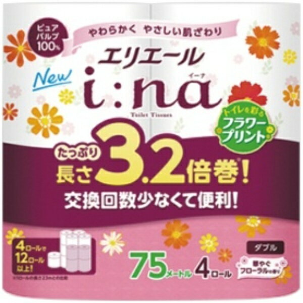 大王製紙 エリエール i：na（イーナ）トイレットティシュー 3．2倍巻 フラワープリント ダブル 芯あり 75m 1パック（4ロール）