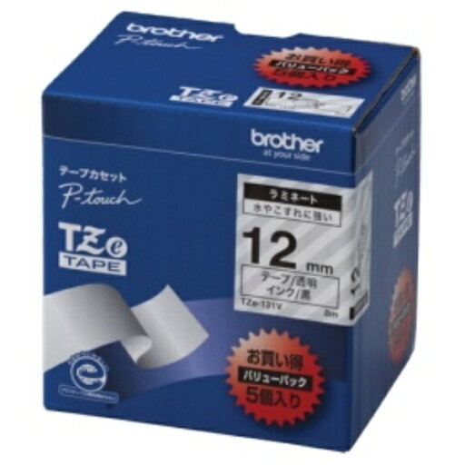 ブラザー ピータッチ TZeテープ ラミネートテープ 12mm 透明/黒文字 業務用パック TZE−131V 1パック(5個) ブラザー ピータッチ TZeテープ ラミネートテープ 12mm 透明/黒文字 業務用パック TZE−131V 1パック(5個)