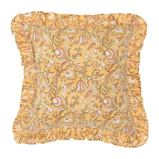 【トモコーポレーシ】フリルクッションカバー カリーノブロックプリント サフランイエロー サイズ:45x45cm、フリル:5cm 【トモコーポレーシ】フリルクッションカバー カリーノブロックプリント サフランイエロー サイズ:45x45cm、フリル:5cm