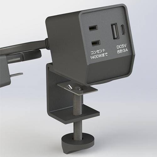 クランプ式タップ(USBtypeA・C/黒) 50×63.2×72.8mm