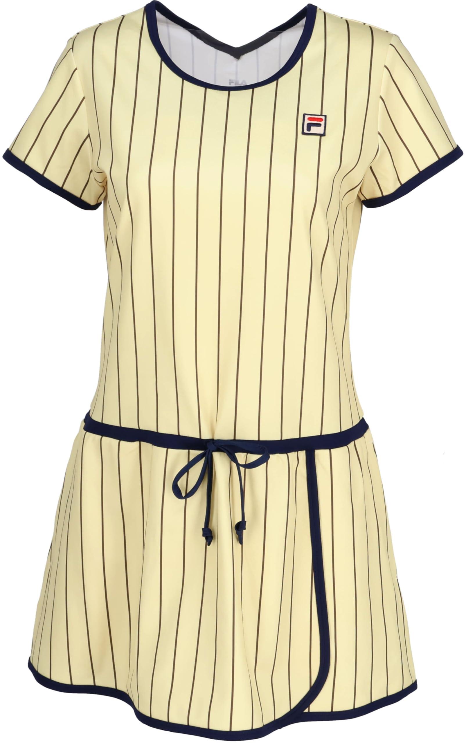 FILA TENNIS(フィラ テニス) テニス レディース 半袖 ワンピース ストライププリント ウエストドローストリング ワンピース 吸水速乾機能 UVカット加工 EL0231 イエロー M