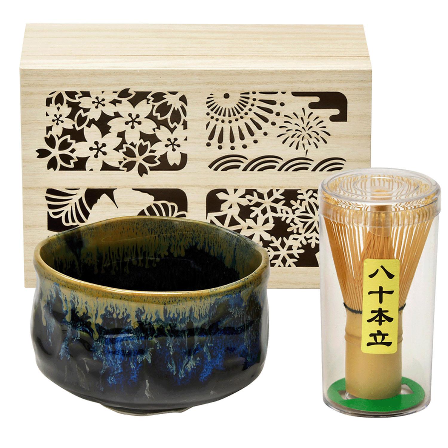 四季庵シリーズ 抹茶椀セット木箱入り 青黒