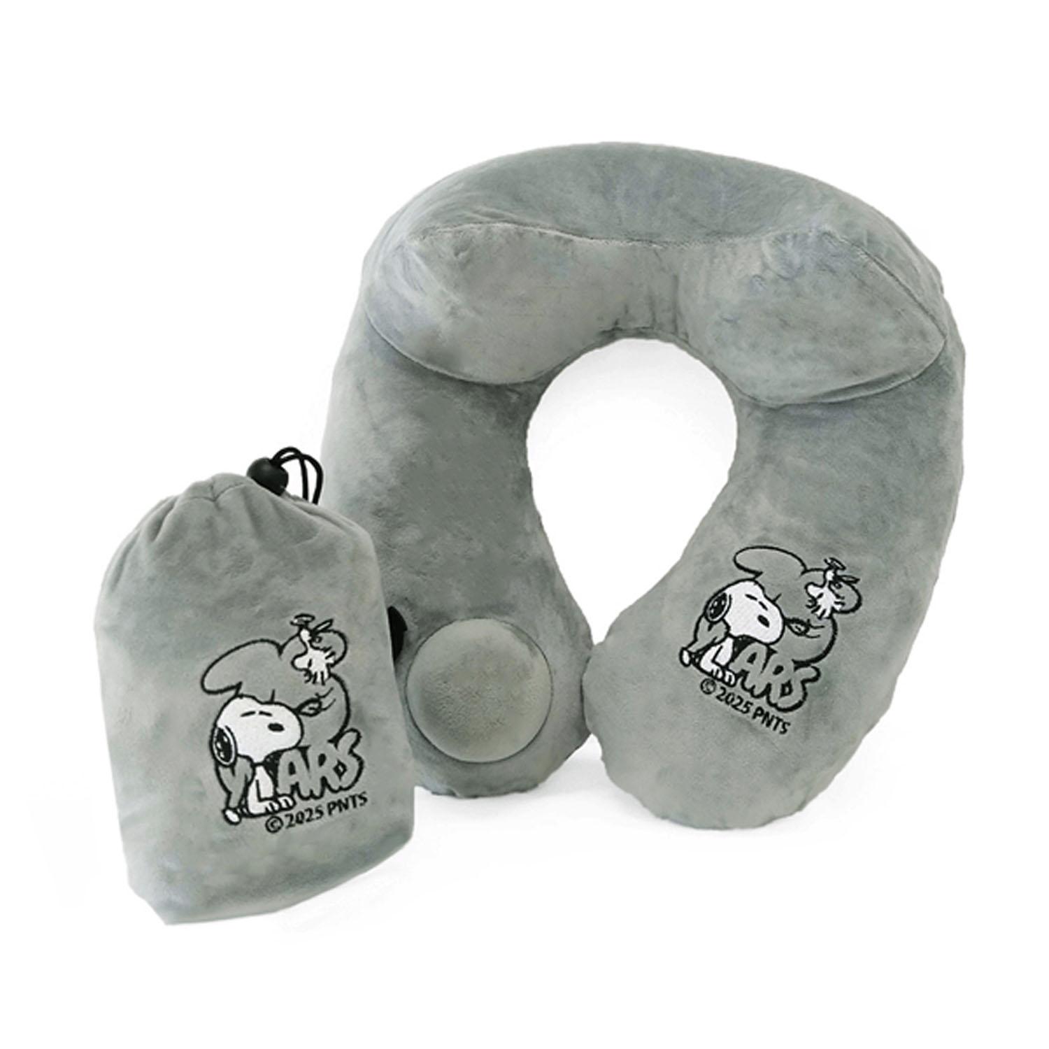 SNOOPY ネックピロー 空気枕 エアー枕 旅行 飛行機 キャンプ バス 快適 ポンプ式 30秒 肌触り 良い マイクロベルベット 首に沿った 立体構造 コンパクト 収納ポーチ付き スヌーピー GY