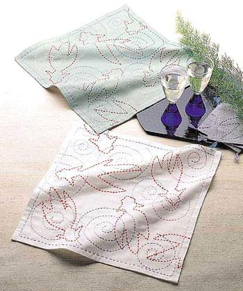 オリムパス製絲 刺し子キット 花ふきん 白・浅葱 155