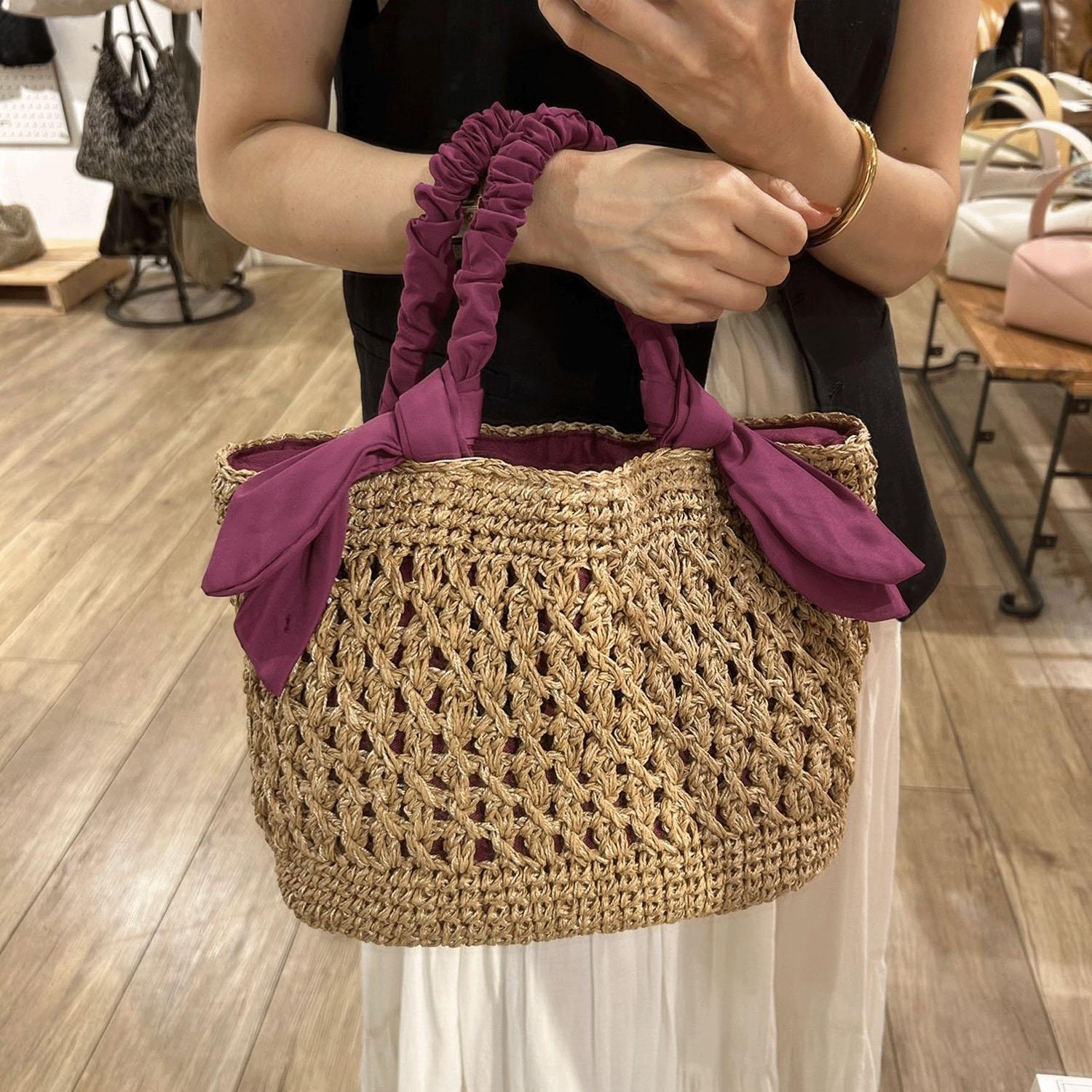 cachecache 下がりリボン柄編みトート ピンク