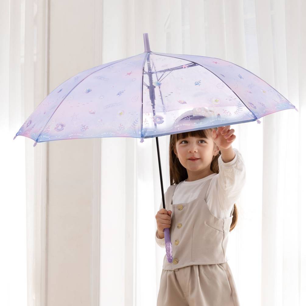【10％OFF！】 ジャンプ傘 55cm【カラフルマリン】 PURPLE / SAX ラメ入りウェーブカット手元 プリント入り透明窓 親骨グラスファイバー ガールズ ジュニア キッズ 子供用 長傘 女の子 小学生 グラデーション ラッピング不可 3