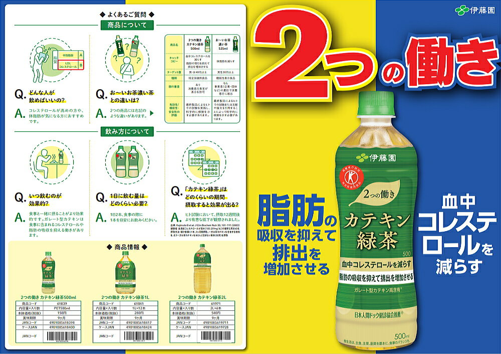 あす楽対応【送料無料】伊藤園 2つの働き カテキン緑茶 500mlペットボトル 48本(24本×2ケース) 二つの働き 特保 トクホ 特定保健用食品 ※北海道800円・東北400円の別途送料加算