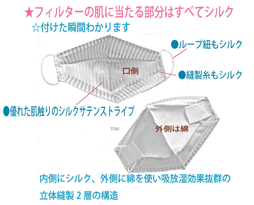 TOKI ポケットチーフの【ダイヤ 型 不織布マスク 用 2枚セット】シルク 100％ 日本製 ダイヤモンド 型 舟形 用 マスクフィルター 洗える 絹 の ずれ落ちない 立体型 マスク インナーシート肌に優しい 保湿 敏感肌 化繊アレルギー 肌荒れ防止 花粉症 用の インナーマスク ネコポス送料無料｜アングル3