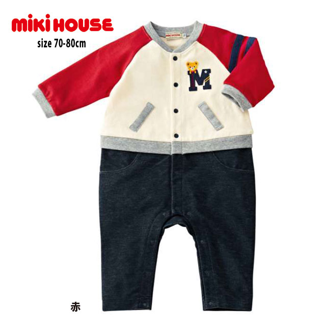 ミキハウス mikihouse ソフト天竺 スタジャン風プッチーカバーオール（70cm・80cm） ベビー服 子供服 ロンパース 女の子 男の子 前開き 長袖 【13-1201-974】