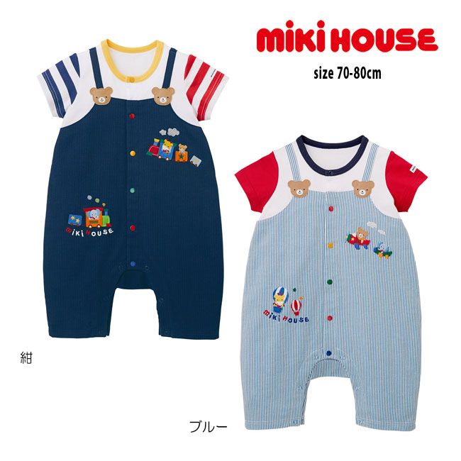 ミキハウス mikihouse オーバーオール風 ショートオール (70cm・80cm) 半袖 7分丈 動物 刺繍 男の子 新生児 ベビー【42-1303-382】のサムネイル