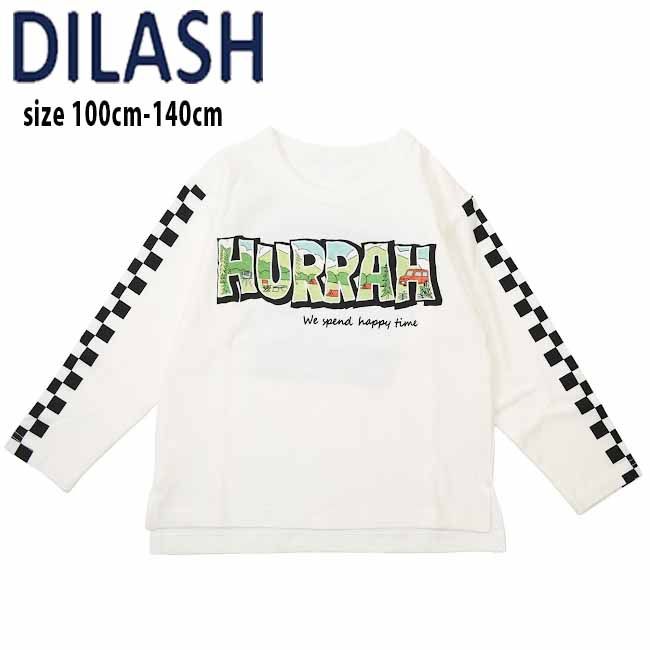 樂天商城 - 【エントリー後、抽選で最大100%ポイントバック】 【セール40%OFF】ディラッシュ BIGロゴ＆袖チェック長袖Tシャツ (100cm-140cm) トップス 長袖 Tシャツ ロンT ロゴ チェック柄 かっこいい おしゃれ 通園 通学 春 夏 子供服 キッズ 男の子 DILASH【dl25sp005】