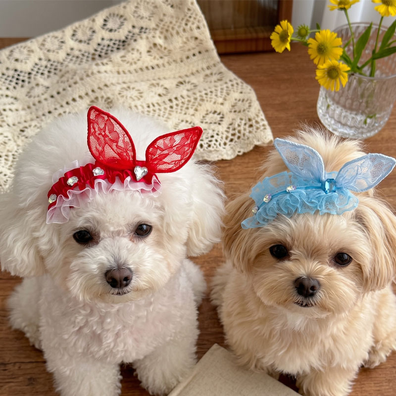 犬 ヘアアクセサリー 【全7色】 レース＆リボン バタフライ ヘアピン バレッタ ワ...