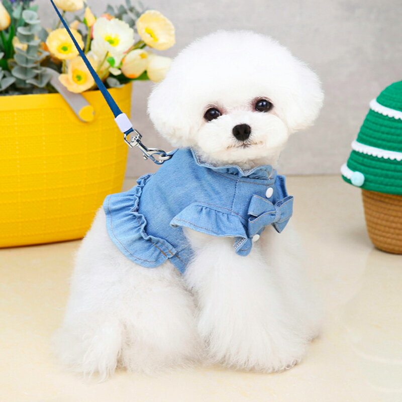 犬夏服小型犬ハーネスデニムおしゃれ可愛いお出かけお散歩けん引ワンピース大人気女の子男の子ペット用品メール便