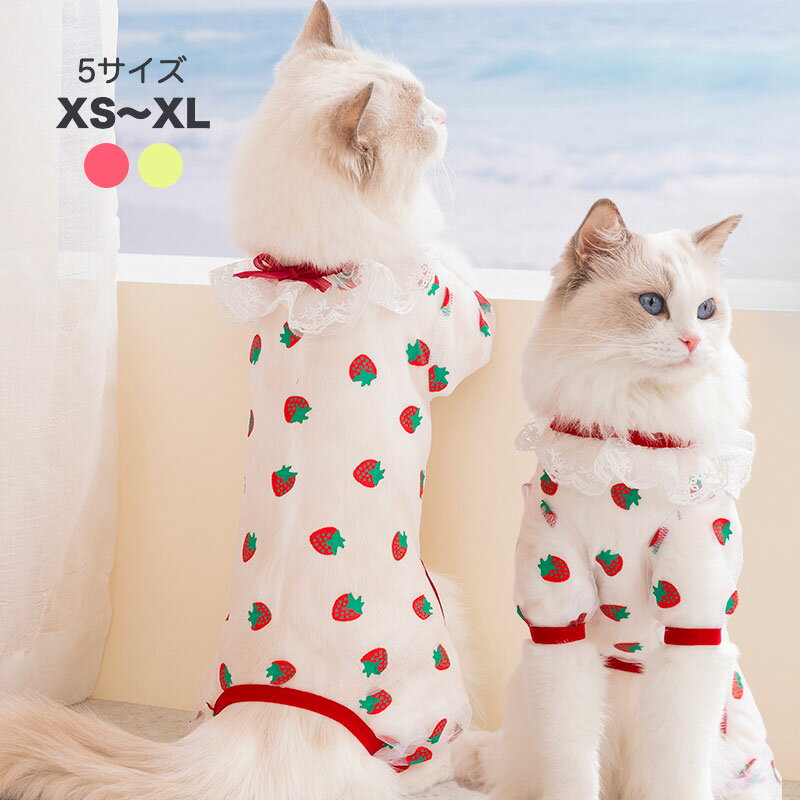 Rakuten - 【全商品ポイント5倍】犬 服 ロンパース つなぎ 猫服 チュール シアー イチゴ デイジー 抜け毛対策 クーラー対策 パジャマ レース フリル リボン 春 夏 秋 おしゃれ かわいい ペット服 ドッグウェア キャットウェア 小型犬 トイプードル チワワ ラグドール