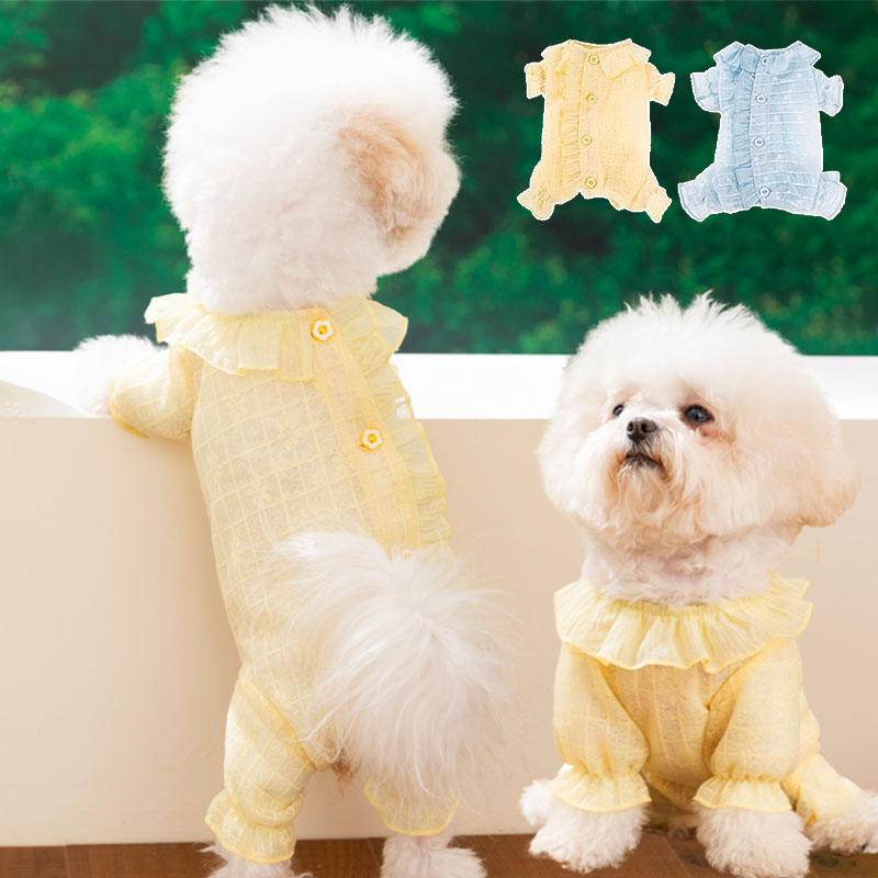 Rakuten - 【全商品ポイント5倍】【背中開き】 犬服 ロンパース つなぎ メッシュ 夏 春夏 猫服 ペット服 小型犬 春 夏秋 抜け毛防止 ドッグウェア キャットウェア 可愛い おしゃれ フリル 小花柄 ボタン お出かけ 散歩 お祝い プレゼント