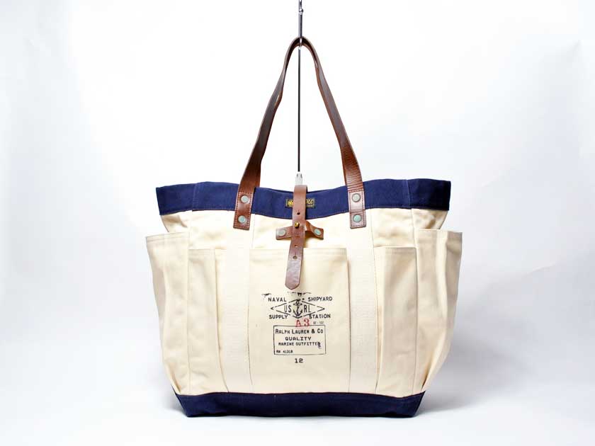 ラルフローレン 【Polo Ralph Lauren/ポロ ラルフローレン】Leather-Trim Canvas Tote / レザートリム キャンバストートバッグ・国内未発売モデル・US NAVY/USネイビー/アメリカ海軍　（RRL/ダブルアールエル・キャンプ・ツールボックス・ソフトコンテナ・ヴィンテージ・ミリタリー）