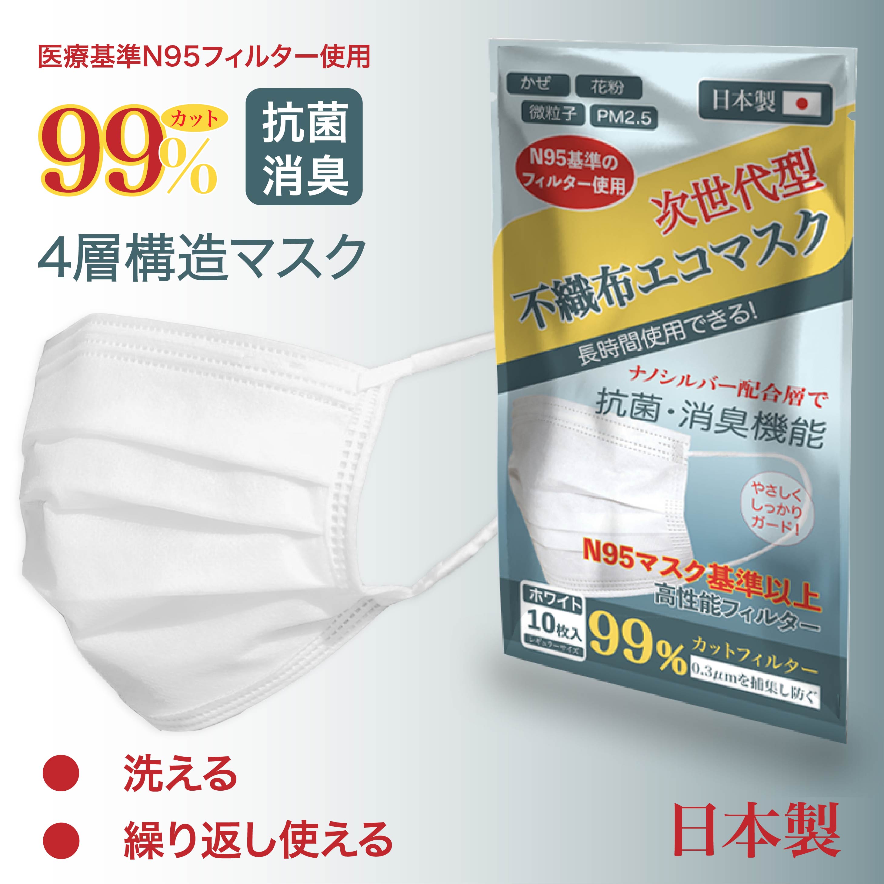 【日本製】【N95】次世代型の不織布エコマスク 7枚4層構造　不織布　大きめ　使い捨て　洗える　男女兼用　大人用　肌に優しい　蒸れない　快適　耳が痛くない 　普通サイズ　抗ウイルス　PM2.5 99%カット　花粉/ウィルス/風邪対策　クリーン　在庫あり