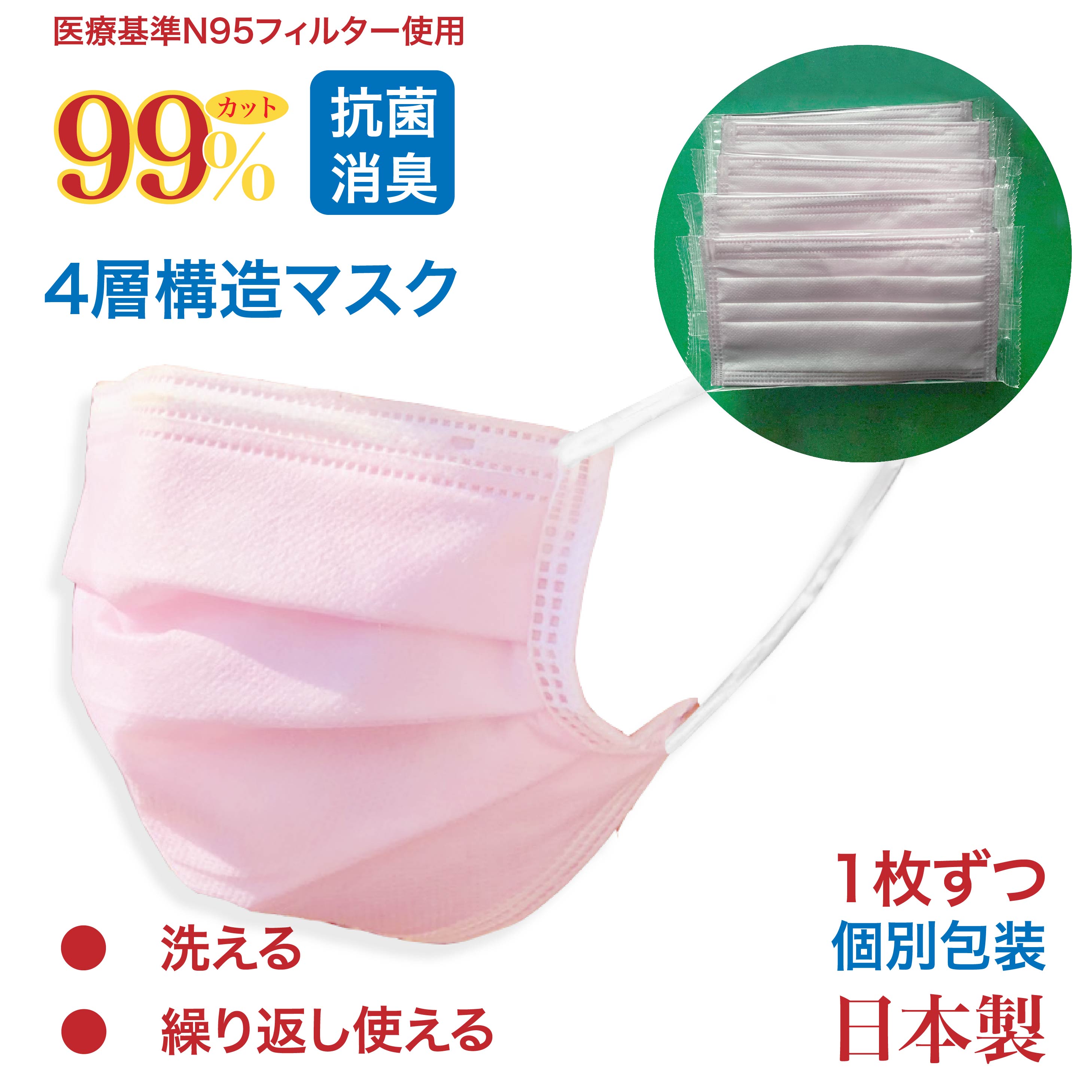 従来の使い捨て不織布マスクは・・・ 「1日に何回も取り換えるのはもったいない・・・」 「アルコール散布したらフィルター効果が落ちてしまわないか不安・・・」 「洗ったら傷んだり破れたりしないか心配・・・」 「ずっとしていると湿ってきてムレて息苦しい・・・」 このような悩みをお持ちの方に！！！ →このエコマスクはぴったり！ 次世代型の不織布エコマスク！従来の不織布マスクよりフィルター長持ち！ 高品質フィルター・不織布を使用した4層構造不織布マスク PM2.5 ウイルス対策 花粉対策 インフルエンザ 風邪 などの予防にご利用下さい。 ●ナノシルバー配合層で抗菌・消臭機能 ●繊維のより細かいフィルターの表面でウイルスを捕集する機能により、フィルター自体を薄くすることが可能です。 それにより、通気性が改良され水蒸気と熱がこもらず ムレにくく快適に使用することが出来ます。 ●厳選した肌に優しく柔らかい素材を使用し、 着けごごち抜群！ ●従来のマスクよりも長く続くためマスクの廃棄量が抑えられます。 【仕様】 入り数：3枚（1枚ずつ個別包装） サイズ：17.5×9.5cm カラー：ピンク 【4層構造】 1層目：不織布 2層目：ナノファイバーフィルター 3層目：ナノシルバー(銀)フィルター 4層目：不織布 【使用上の注意】 ●ノーズフィッターの入った側を上に、ゴムひものついた側を外側に向けて装着してください。反対に装着されると、目的とする機能が十分に得られない場合があります。必ずご使用前に確認のうえ、正しく装着してください。 ●本品は、有害な粉塵・ガスの発生する場所での使用はできません。 ●使用中に万一、かぶれ、かゆみなどがあらわれた場合は、直ちに使用を中止し、医師または薬剤師に相談してください。 ●臭いで気分が悪くなった場合は、使用を中止してください。 ●袋を開封した後は、なるべく早めにご使用ください。 ●火気のそばでのご使用はおやめください。