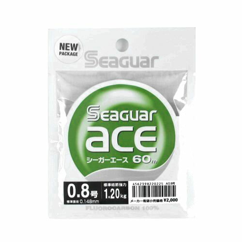 ●商品名に【同梱不可】【他商品同時注文不可】と記載されている商品は別倉庫から発送となるため同梱できません。システム上、同時注文が可能ですが、その際は勝手ながらキャンセルとさせて頂きます。キャンセルに伴い、各種キャンペーンの適用など取消となりますが、ご注文条件やポイントの補填・補償等は一切お受けできかねます。また、再度ご注文いただく際に完売となっている場合や、キャンペーン条件が異なる場合がございます。●掲載商品は複数サイトおよび実店舗で併売しています。ご注文タイミングにより欠品し、お取り寄せにお時間を頂く場合やお手配が出来ずにやむを得ずキャンセルさせて頂く場合がございます。●商品画像は代表画像です。仕様変更により商品スペックやパッケージなど変更となる場合がございます。仕様変更に伴う返品、商品交換の際の往復送料はお客様ご負担となります。●店舗都合・お客様都合に依らずご注文内容の修正やキャンセルを行った際に在庫なしとなる場合やポイント、クーポンなど各種キャンペーンが適用外となる場合がございます。大変恐縮ながらこのような場合でも補填などは出来かねますのでご了承下さい。シーガーは結節強力を重視!ラインで負荷が一番かかる部分は結び目です。つまり、糸切れを起こすのはほとんどが結び目です。この結び目の強さ、結節強度が高いものほど、強い釣り糸といえるのです。フロロカーボンは結節強度をだすことが難しく、長年の経験と高い技術力が求められます。シーガー独自の二重構造技術を開発し、更に結節強度を向上させたのがシーガーエースです。タックルボックスに常備したい、強さとしなやかさが絶妙のラインです。道糸としても使用でき、0.3号から20号までの幅広い号数と、10m・60m・60m連結、船釣り仕掛けに最適な100m巻まで、用途に合わせた巻き長さもラインナップしています。※0.6号以下の細号柄は二重構造ではなく、単層です。【仕様】●より快適にストレスなくお使いいただけるよう、大幅リニューアル。パッケージをOPP袋に変更し、結節強力を記載。さらに3号以下は薄型のスプールを採用し、持ち運びもスムーズになりました。今までの釣りシーンをスマートにする、新生、シーガーエースをぜひお試しください。●リニューアルスプール：69mm[環境美化協力商品]カラー:クリアサイズ:0.8号糸巻量:60m線径:0.148mm強力:1.20kgその他特徴1:素材 フロロカーボン TKM-06-01-01