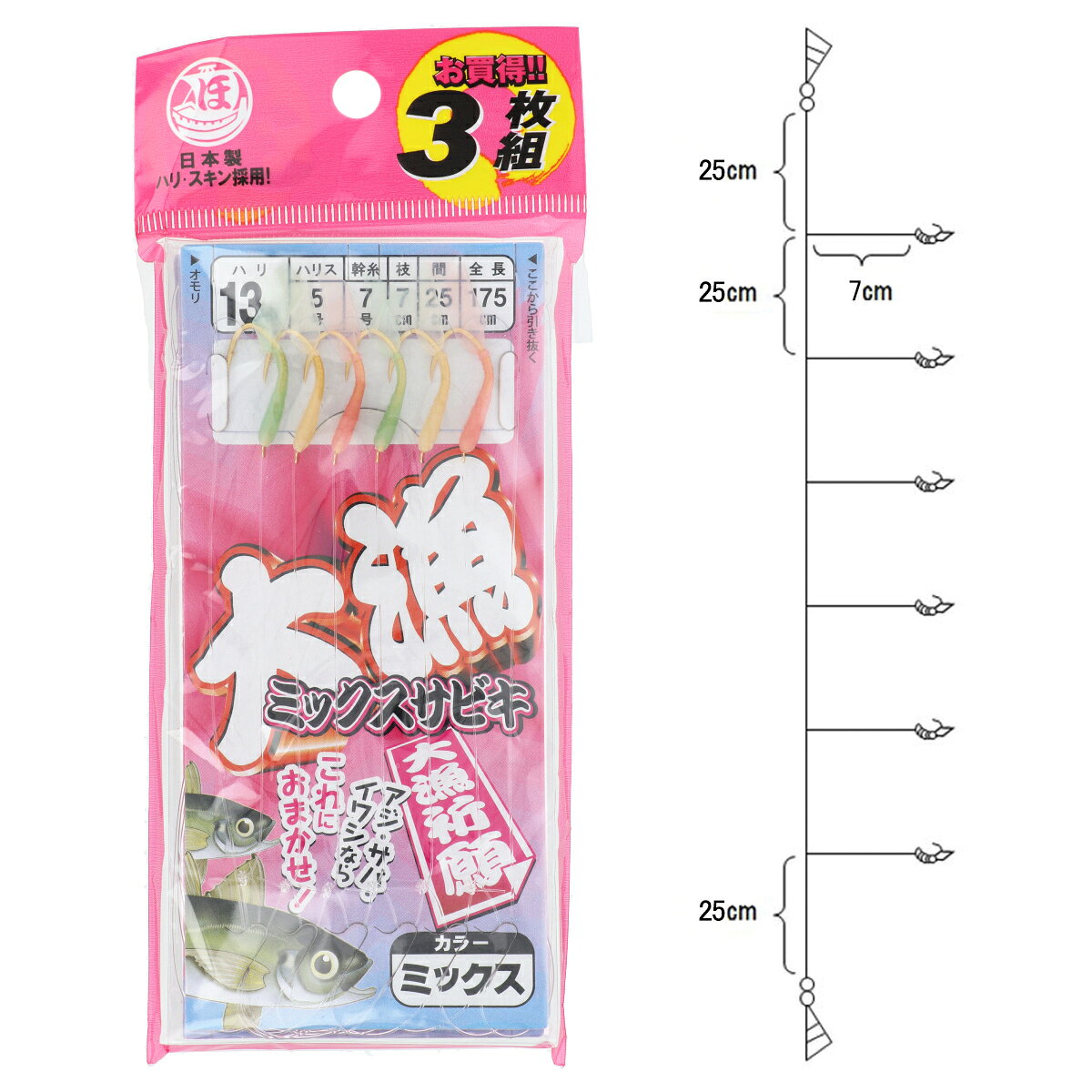 ●商品名に【同梱不可】【他商品同時注文不可】と記載されている商品は別倉庫から発送となるため同梱できません。システム上、同時注文が可能ですが、その際は勝手ながらキャンセルとさせて頂きます。キャンセルに伴い、各種キャンペーンの適用など取消となりますが、ご注文条件やポイントの補填・補償等は一切お受けできかねます。また、再度ご注文いただく際に完売となっている場合や、キャンペーン条件が異なる場合がございます。●掲載商品は複数サイトおよび実店舗で併売しています。ご注文タイミングにより欠品し、お取り寄せにお時間を頂く場合やお手配が出来ずにやむを得ずキャンセルさせて頂く場合がございます。●商品画像は代表画像です。仕様変更により商品スペックやパッケージなど変更となる場合がございます。仕様変更に伴う返品、商品交換の際の往復送料はお客様ご負担となります。●店舗都合・お客様都合に依らずご注文内容の修正やキャンセルを行った際に在庫なしとなる場合やポイント、クーポンなど各種キャンペーンが適用外となる場合がございます。大変恐縮ながらこのような場合でも補填などは出来かねますのでご了承下さい。アジ・サバ・イワシ・コノシロ釣りに!堤防やボートからのサビキ釣りならおまかせ!信頼の日本製のハリ・スキンを採用。ファミリーフィッシングに最適なお買い得3枚セット!スキンのカラーは色々な状況に対応できるピンク、ホワイト、グリーンのミックス。ハリの種類は小さな豆アジから大型のアジ、サバまで幅広く対応できるよう、号数ごとに対象魚やサイズを考慮した種類のものを採用。カラー:ミックスサイズ:13号使用針:新アジ(金)入数:6本針×3セット全長（針・仕掛）:175cmハリス号数:5号幹糸号数:7号エダス長さ:7cm幹糸間:25cm釣り方、フィールド:堤防サビキ釣り代表対象魚:アジ（鰺）代表対象魚（詳細）:サバ イワシ コノシロ≪関連商品≫ミックス 4号ミックス 6号ミックス 7号ミックス 8号ミックス 9号ミックス 10号ミックス 2号ミックス 3号ミックス 11号ミックス 12号ミックス 13号 TKM-05-04-05 TF12