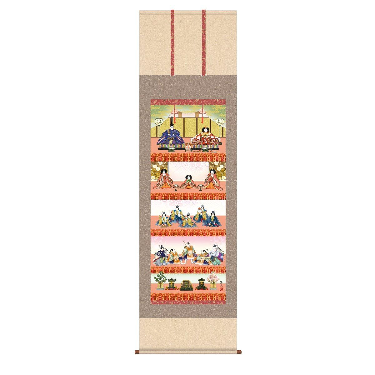 細部まで丁寧に描きこまれた豪華な五段飾り雛。女児の健やかな成長を祈ります。アパートやマンション等の雛人形を飾れないお宅に重宝される逸品です。 ～古来より子供を悪鬼から守るため重要な行事として受け継がれています～ 典雅吉祥の趣が満ちあふれる名作。 愛児への末永い幸福の願いがいっぱいに込められた節句飾りが大切な節目のお祭りをより一層豪華に彩ってくれます。 日本の掛け軸 悠久の歴史の中で育て守られてきた伝統の美は私たちの暮らしと心を豊かに彩るとともに、将来に継承しなければならない貴重な文化遺産です。日本画は、心の糧として私たちの暮らしの中に受け入れられています。その典雅な薫り高い伝統美は見る人に深い感銘を与えます。 高精細功芸画(手彩補色) 世界の有名美術館がレプリカを制作するため採用している最先端シグレ版画技法で 特性新絹本画布に表現し、最終仕上げは手彩による補色が加えられ、 リアル感を醸し出しています。 空気中の光やオゾンなどに分解されにくい耐候性を備えており、 時間がたっても色調が変化しにくく、美しさが変わりません。 ■サイズ：幅54.5×高さ約190cm ■作家名：井川洋光 ■作家略歴：高齢化が進む画界の中で若手のホープとして活躍中。伝統美を重んじながらも新鮮な色づかい で多くのファンを持つ。幸洋会会員。 ■材質本紙：新絹本 ■仕様：洛彩緞子本表装 ■軸先：陶器 ■収納：桐箱畳紙収納 ■保証：表層品質十年間保証付き ■納期：通常10日～2週間程度(連休や繁忙期などにはもう少しお時間をいただく場合がございます。)　 ■発送について：メーカー様の工房から直接発送 ■特記事項：●こちらの商品は、梱包に万全を期すためメーカー様の工房から直接のお届けとなります。●ラッピング・のし・代金引換便・他の商品との同梱には対応しておりません。●ご注文後に制作にかかりますため、その性質上、ご注文後の内容変更・キャンセルや返品はお受けいたしかねますのでご了承ください。