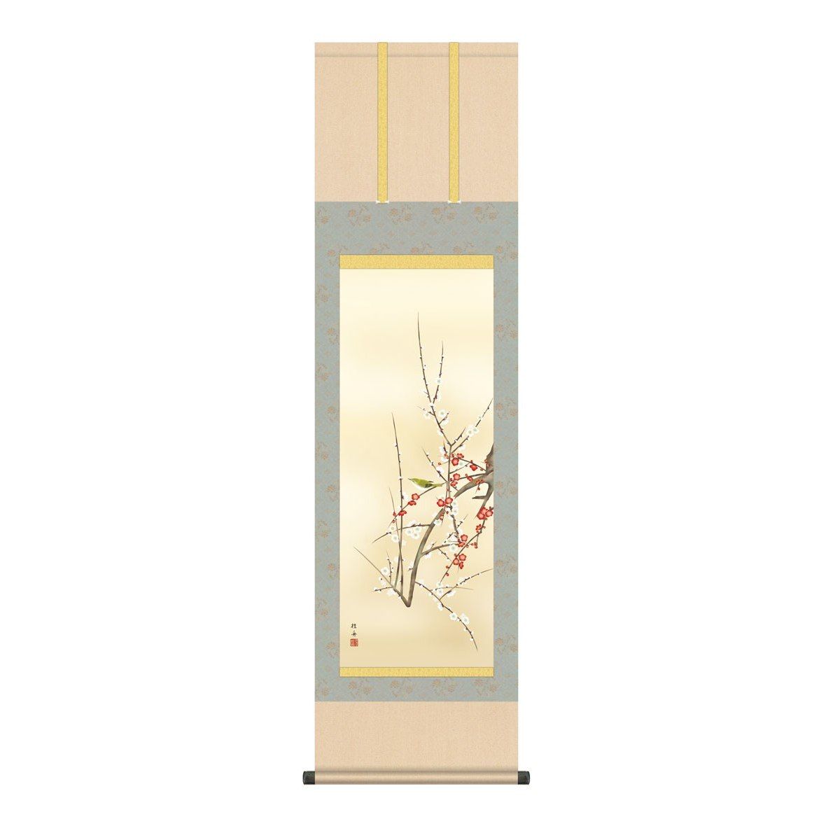 掛軸 日本画 床の間 送料無料 掛け軸 現代作家 花鳥画 季節飾り 春掛け 紅白梅に鶯(こうはくばいにうぐいす) 高精彩複製画
