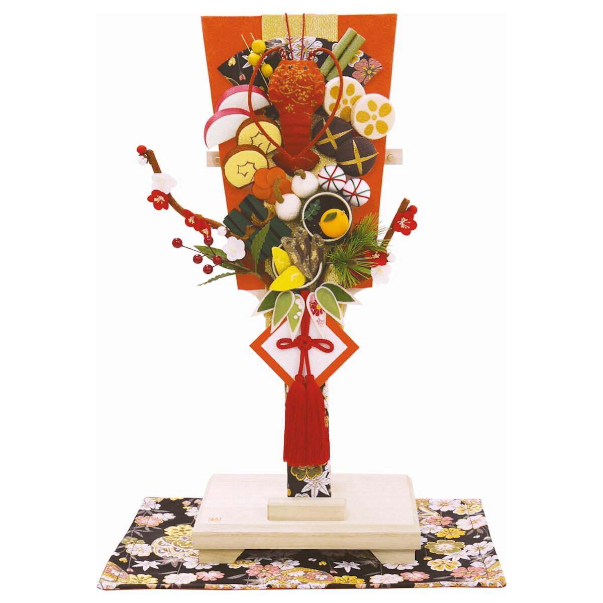 手作りちりめん細工 羽子板おせち飾り 台・敷物付 迎春 正月 飾り 縁起物