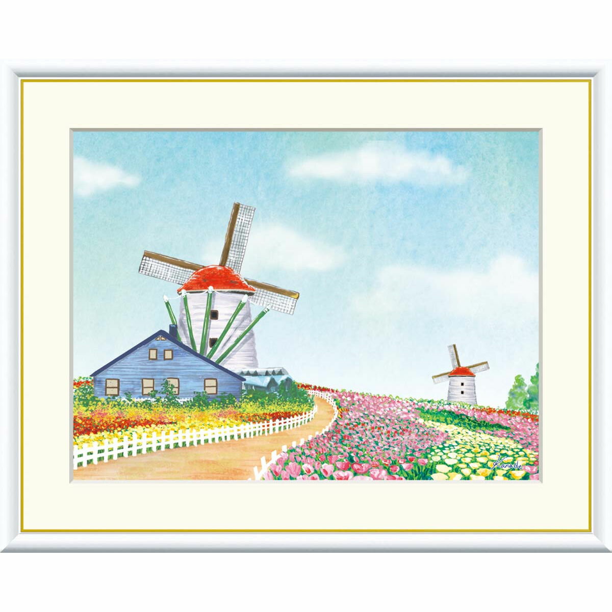 絵画 現代アート 花畑と風車 青木奏 額入り インテリア アート 額絵 高精彩複製画 送料無料