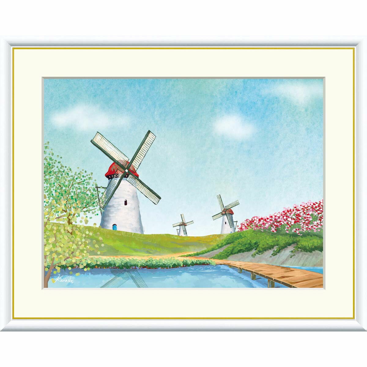 絵画 現代アート 花咲く丘と風車 青木奏 額入り インテリア アート 額絵 高精彩複製画 送料無料