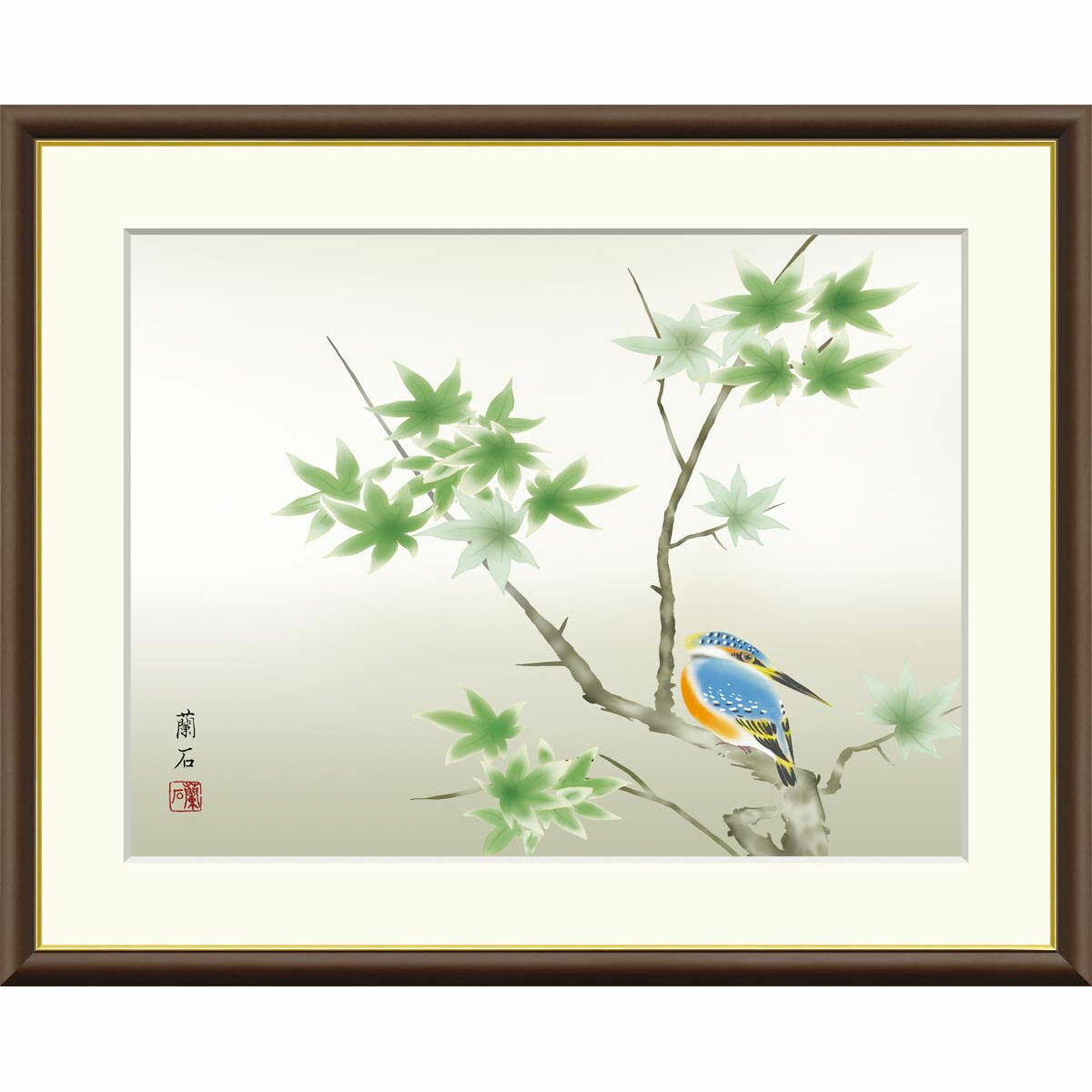 絵画 現代日本画 季節の名鳥 楓に翡翠 高見蘭石 額入り インテリア アート 額絵 高精彩複製画 送料無料