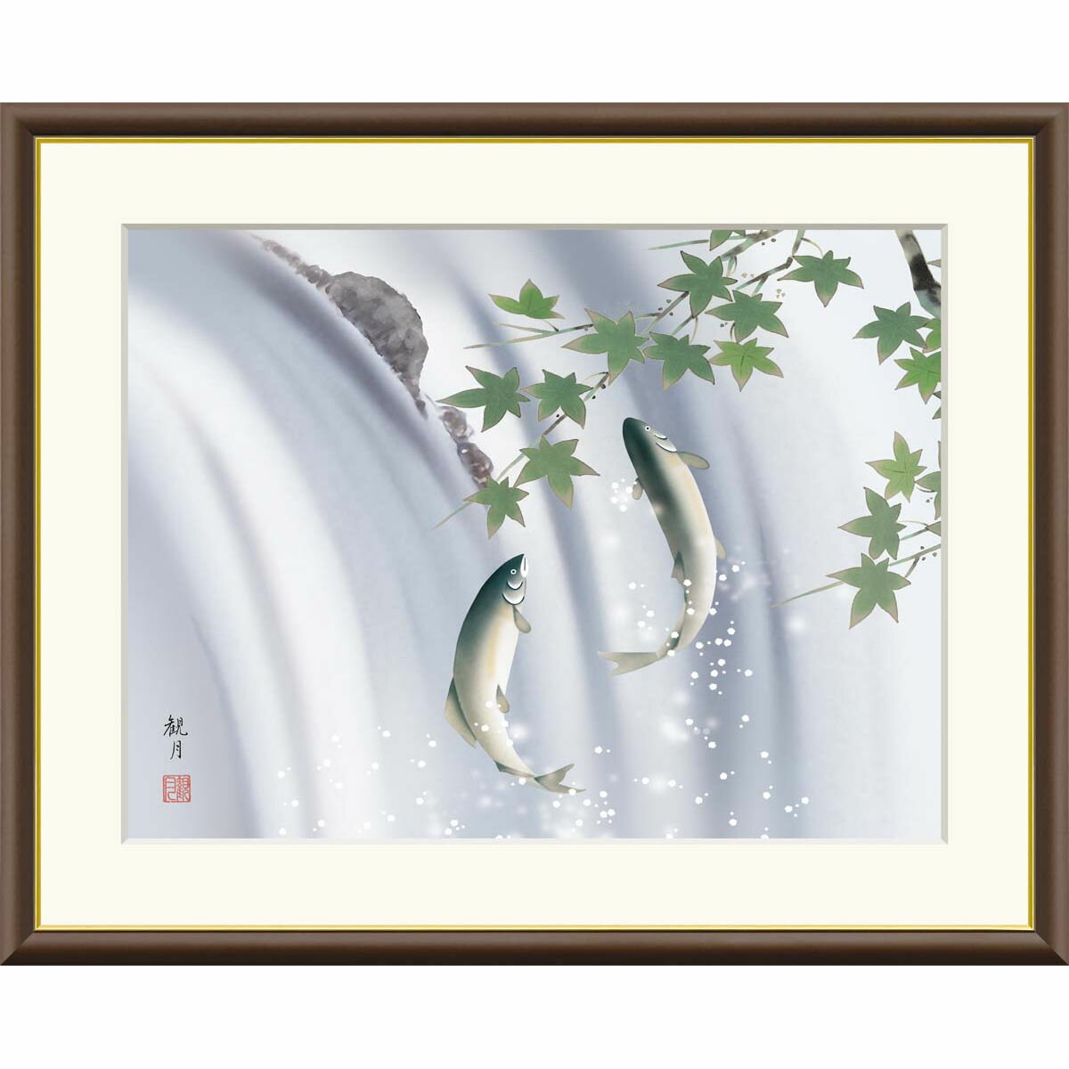 港の絵 魚の絵 日本画 『飛島にて』 墨絵 12サイズ 木製フレーム付き