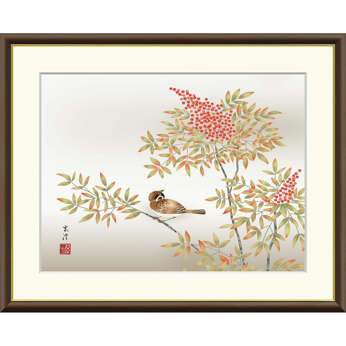 絵画 現代日本画 花鳥画 冬飾り 南天に雀 清水玄澄 額入り インテリア アート 額絵 高精彩複製画 送料無料
