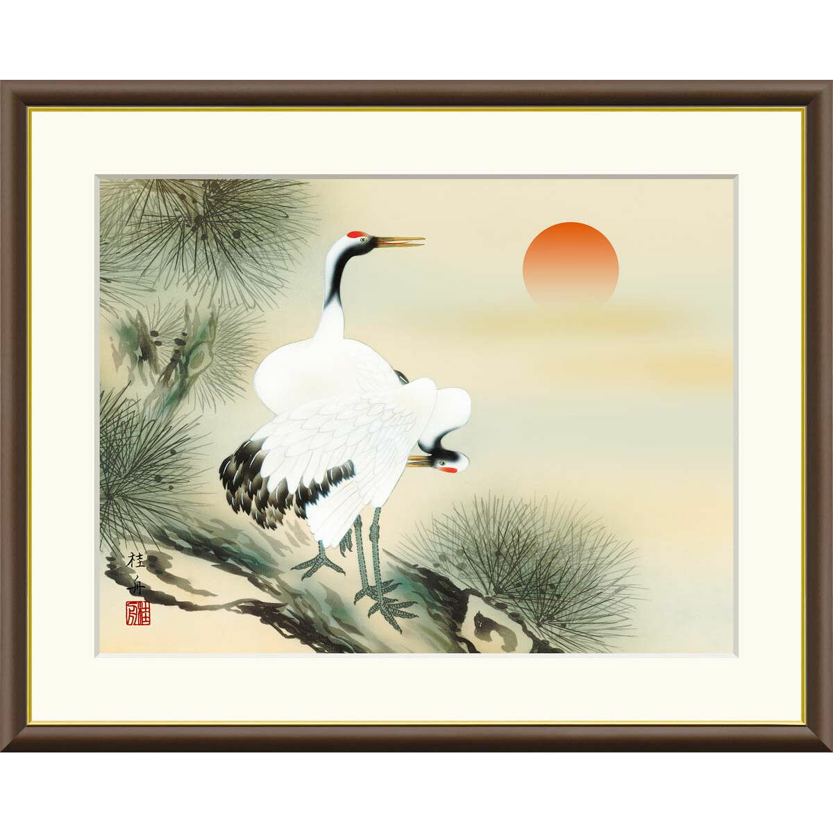 乐天商城 - 絵画 現代日本画 慶祝画 松上双鶴 長江桂舟 額入り インテリア アート 額絵 高精彩複製画 送料無料