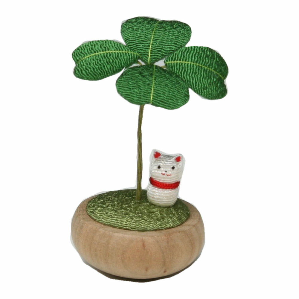 和雑貨 幸せを呼ぶ四ツ葉のクローバー ちりめん細工 ゆらゆらクローバーと猫 猫雑貨 猫グッズ