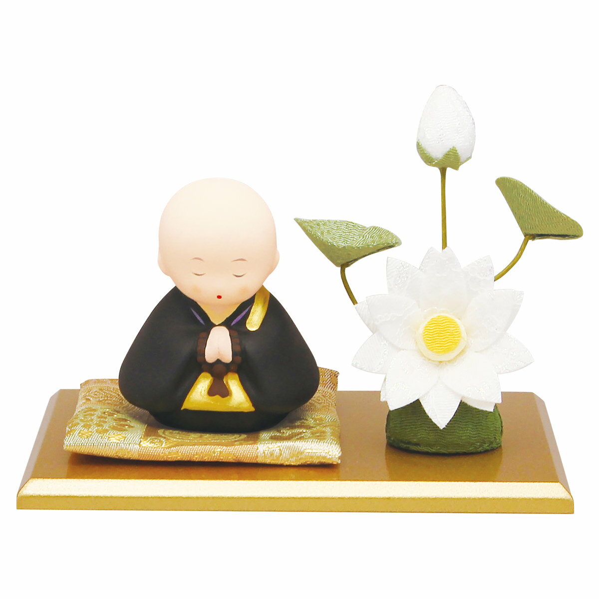 お坊さんと蓮飾り 黒 陶製 手作りちりめん細工 和みの和雑貨 置物 お盆 お彼岸