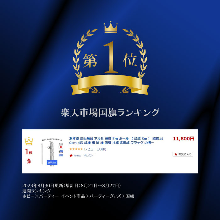 ランキング1位 あす楽 送料無料 アルミ 伸縮 ポール 【 旗竿 5m 】 縮長140cm 4段 旗棒 旗 竿 棒 国旗 社旗 応援旗 大旗 サッカー 野球 日の丸 フラッグ 応援 よさこい 祭り イベント スポーツ 軽い 軽量 丈夫 のぼり 幟 神社 日本製 支柱 ポレスト 3