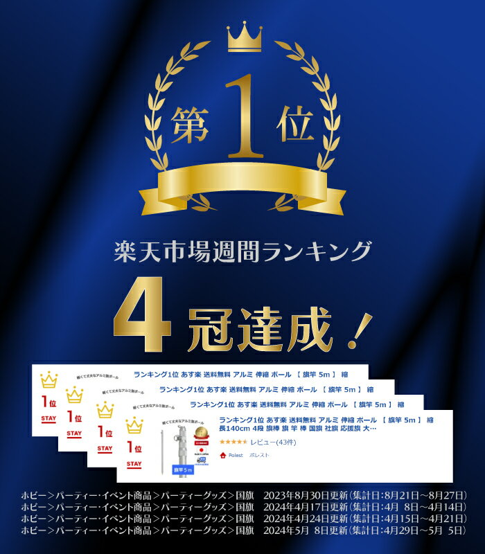 ランキング1位 あす楽 送料無料 アルミ 伸縮 ポール 【 旗竿 5m 】 縮長140cm 4段 旗棒 旗 竿 棒 国旗 社旗 応援旗 大旗 サッカー 野球 日の丸 フラッグ 応援 よさこい 祭り イベント スポーツ 軽い 軽量 丈夫 のぼり 幟 神社 日本製 支柱 ポレスト 2