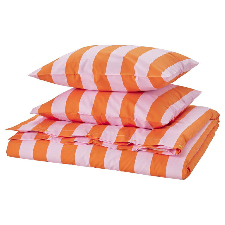 Shop-Polori 楽天市場店の【 IKEA - イケア -】SLANHOSTMAL -スローンホストマル- 掛け布団カバー＆枕カバー（枕カバー2枚）オレンジ/ピンク/ストライプ ダブルサイズ 200x200/50x60 cm (105.752.76)｜アングル2